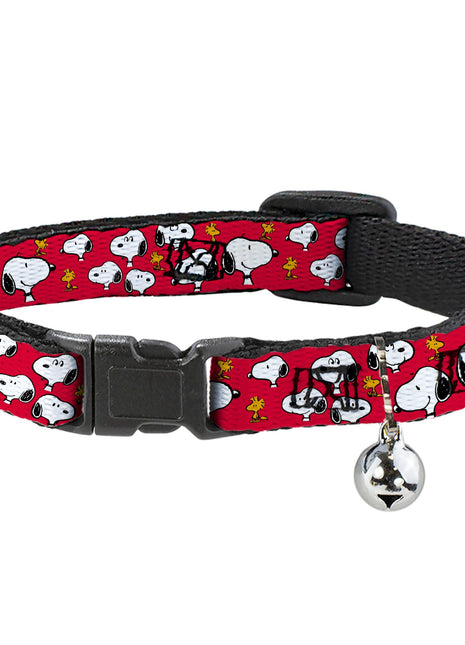 Breakaway Cat Collar with Bell - Peanuts Snoopy and Woodstock Poses Scattered Red