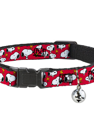 Breakaway Cat Collar with Bell - Peanuts Snoopy and Woodstock Poses Scattered Red - Pup List