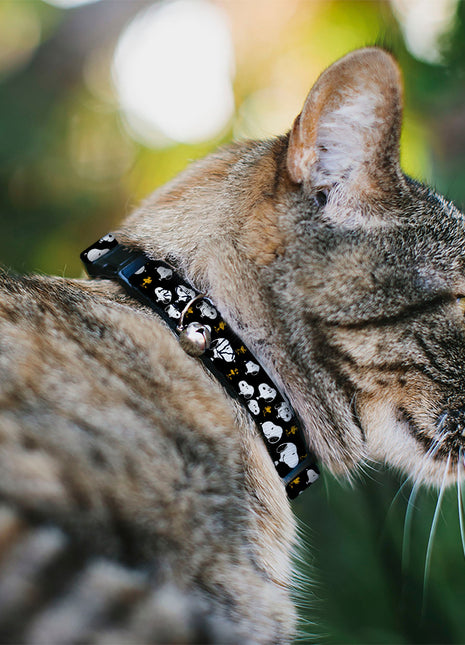 Breakaway Cat Collar with Bell - Peanuts Snoopy and Woodstock Poses Scattered Black
