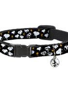 Breakaway Cat Collar with Bell - Peanuts Snoopy and Woodstock Poses Scattered Black