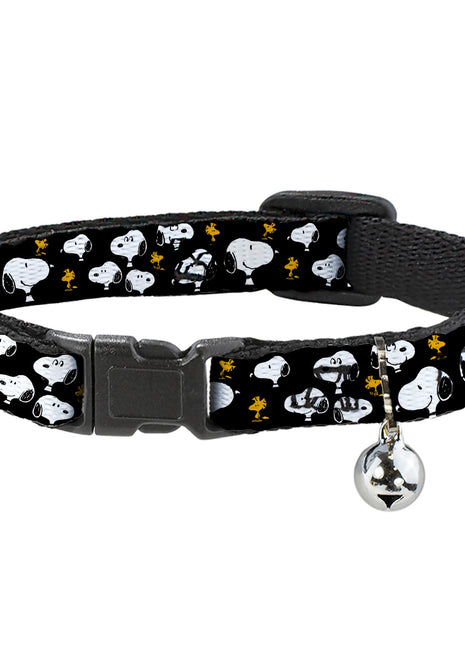 Breakaway Cat Collar with Bell - Peanuts Snoopy and Woodstock Poses Scattered Black