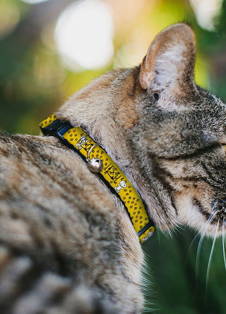 Breakaway Cat Collar with Bell - Peanuts Snoopy Smiling Pose/Paw Print Yellow/Black/White