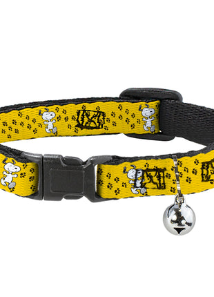Breakaway Cat Collar with Bell - Peanuts Snoopy Smiling Pose/Paw Print Yellow/Black/White