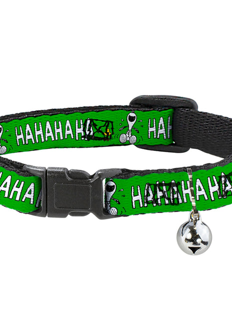 Breakaway Cat Collar with Bell - Peanuts Snoopy and Woodstock Laughing HAHA Pose Green