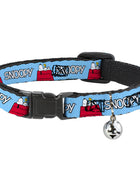 Breakaway Cat Collar with Bell - Peanuts Snoopy and Woodstock Dog House Pose and Text Sky Blue