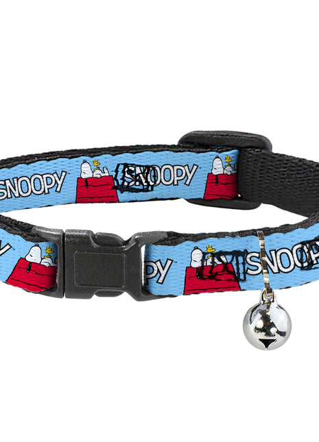 Breakaway Cat Collar with Bell - Peanuts Snoopy and Woodstock Dog House Pose and Text Sky Blue