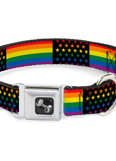 Dog Bone Seatbelt Buckle Collar - Flag American Pride Rainbow/Black