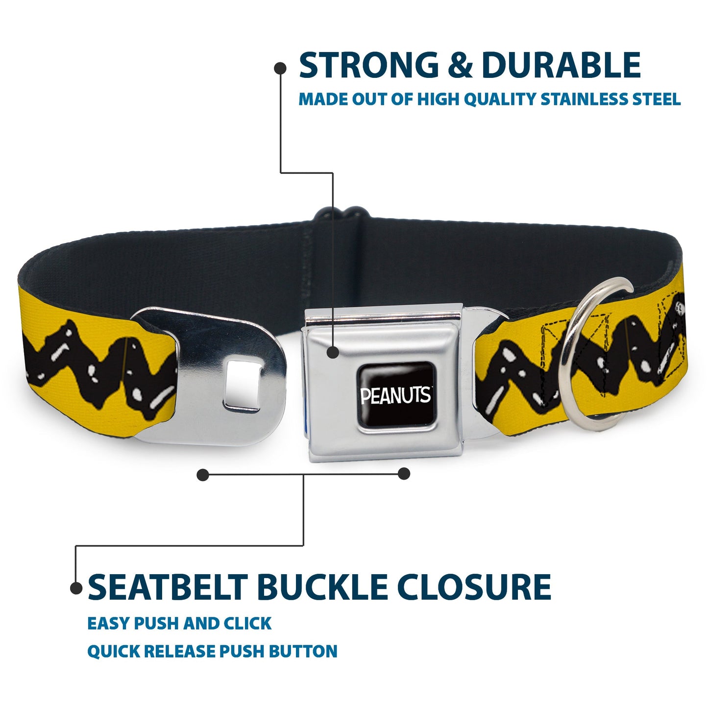 PEANUTS Title Logo Full Color Black/White Seatbelt Buckle Collar - Peanuts Charlie Brown Zig Zag Stripe Yellow/Black
