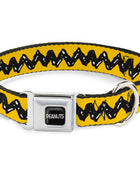 PEANUTS Title Logo Full Color Black/White Seatbelt Buckle Collar - Peanuts Charlie Brown Zig Zag Stripe Yellow/Black