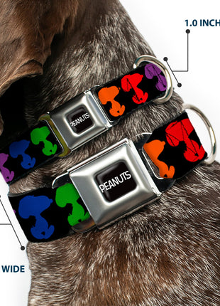 PEANUTS Title Logo Full Color Black/White Seatbelt Buckle Collar - Peanuts Snoopy Silhoutte Pose Black/Rainbow Multi Color