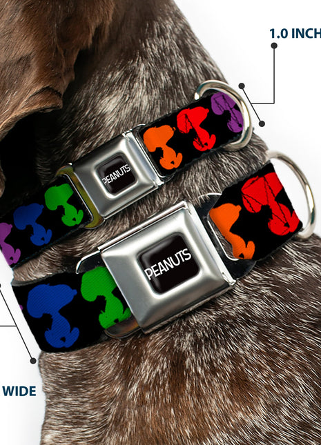 PEANUTS Title Logo Full Color Black/White Seatbelt Buckle Collar - Peanuts Snoopy Silhoutte Pose Black/Rainbow Multi Color