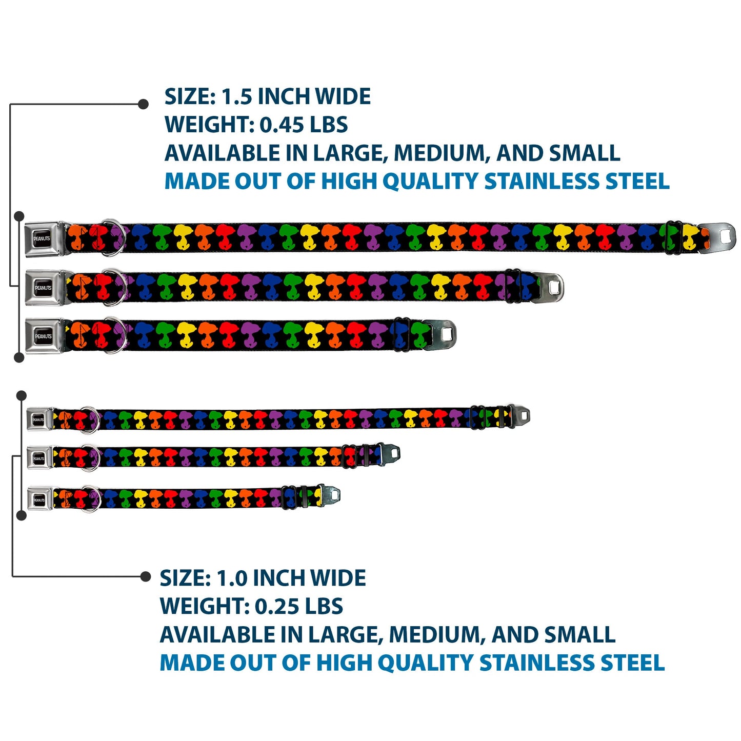 PEANUTS Title Logo Full Color Black/White Seatbelt Buckle Collar - Peanuts Snoopy Silhoutte Pose Black/Rainbow Multi Color