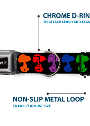 PEANUTS Title Logo Full Color Black/White Seatbelt Buckle Collar - Peanuts Snoopy Silhoutte Pose Black/Rainbow Multi Color