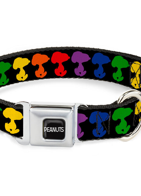 PEANUTS Title Logo Full Color Black/White Seatbelt Buckle Collar - Peanuts Snoopy Silhoutte Pose Black/Rainbow Multi Color