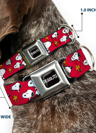 PEANUTS Title Logo Full Color Black/White Seatbelt Buckle Collar - Peanuts Snoopy and Woodstock Poses Scattered Red