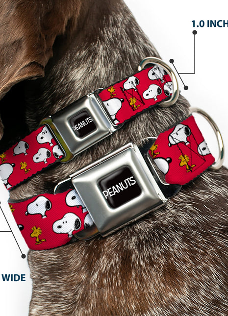 PEANUTS Title Logo Full Color Black/White Seatbelt Buckle Collar - Peanuts Snoopy and Woodstock Poses Scattered Red