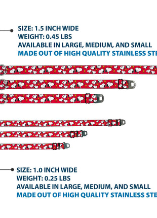 PEANUTS Title Logo Full Color Black/White Seatbelt Buckle Collar - Peanuts Snoopy and Woodstock Poses Scattered Red