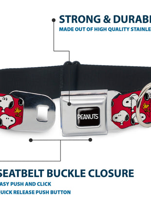 PEANUTS Title Logo Full Color Black/White Seatbelt Buckle Collar - Peanuts Snoopy and Woodstock Poses Scattered Red