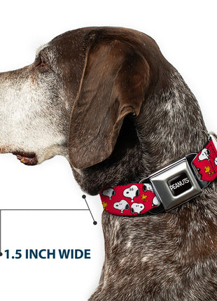 PEANUTS Title Logo Full Color Black/White Seatbelt Buckle Collar - Peanuts Snoopy and Woodstock Poses Scattered Red