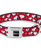 PEANUTS Title Logo Full Color Black/White Seatbelt Buckle Collar - Peanuts Snoopy and Woodstock Poses Scattered Red
