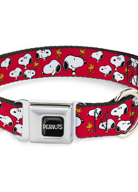 PEANUTS Title Logo Full Color Black/White Seatbelt Buckle Collar - Peanuts Snoopy and Woodstock Poses Scattered Red
