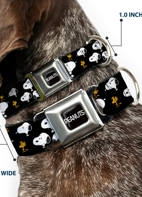 PEANUTS Title Logo Full Color Black/White Seatbelt Buckle Collar - Peanuts Snoopy and Woodstock Poses Scattered Black