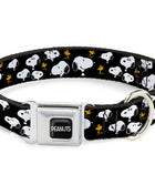 PEANUTS Title Logo Full Color Black/White Seatbelt Buckle Collar - Peanuts Snoopy and Woodstock Poses Scattered Black