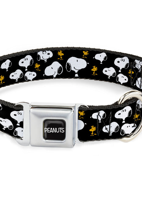 PEANUTS Title Logo Full Color Black/White Seatbelt Buckle Collar - Peanuts Snoopy and Woodstock Poses Scattered Black
