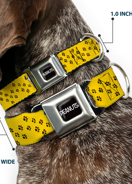 PEANUTS Title Logo Full Color Black/White Seatbelt Buckle Collar - Peanuts Snoopy Smiling Pose/Paw Print Yellow/Black/White