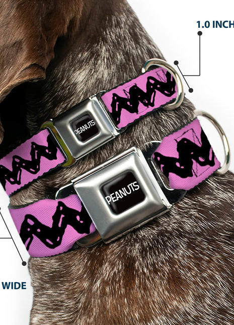 PEANUTS Title Logo Full Color Black/White Seatbelt Buckle Collar - Peanuts Charlie Brown Zig Zag Stripe Pink/Black