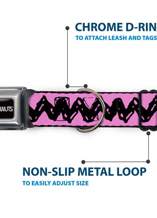 PEANUTS Title Logo Full Color Black/White Seatbelt Buckle Collar - Peanuts Charlie Brown Zig Zag Stripe Pink/Black