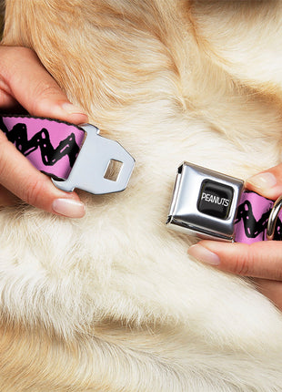 PEANUTS Title Logo Full Color Black/White Seatbelt Buckle Collar - Peanuts Charlie Brown Zig Zag Stripe Pink/Black