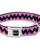 PEANUTS Title Logo Full Color Black/White Seatbelt Buckle Collar - Peanuts Charlie Brown Zig Zag Stripe Pink/Black