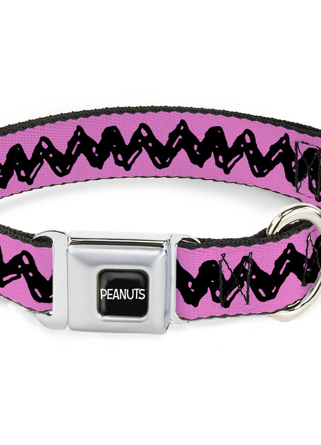 PEANUTS Title Logo Full Color Black/White Seatbelt Buckle Collar - Peanuts Charlie Brown Zig Zag Stripe Pink/Black