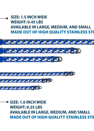 PEANUTS Title Logo Full Color Yellow/White Seatbelt Buckle Collar - Peanuts Snoopy Running and Woodstock Pose Blue