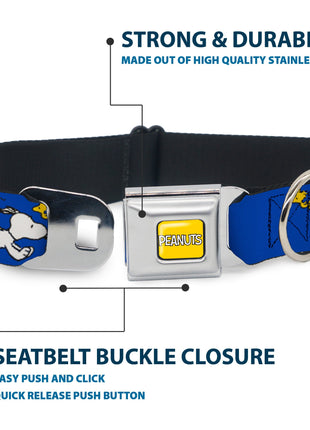 PEANUTS Title Logo Full Color Yellow/White Seatbelt Buckle Collar - Peanuts Snoopy Running and Woodstock Pose Blue