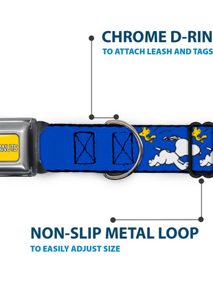 PEANUTS Title Logo Full Color Yellow/White Seatbelt Buckle Collar - Peanuts Snoopy Running and Woodstock Pose Blue