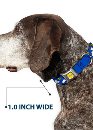PEANUTS Title Logo Full Color Yellow/White Seatbelt Buckle Collar - Peanuts Snoopy Running and Woodstock Pose Blue