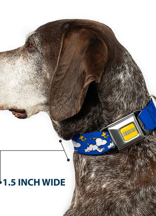 PEANUTS Title Logo Full Color Yellow/White Seatbelt Buckle Collar - Peanuts Snoopy Running and Woodstock Pose Blue