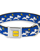 PEANUTS Title Logo Full Color Yellow/White Seatbelt Buckle Collar - Peanuts Snoopy Running and Woodstock Pose Blue