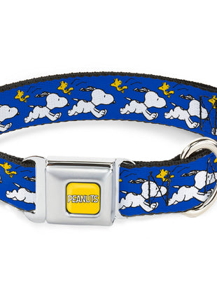 PEANUTS Title Logo Full Color Yellow/White Seatbelt Buckle Collar - Peanuts Snoopy Running and Woodstock Pose Blue