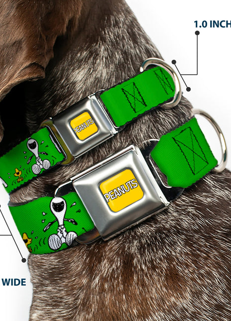 PEANUTS Title Logo Full Color Yellow/White Seatbelt Buckle Collar - Peanuts Snoopy and Woodstock Laughing HAHA Pose Green