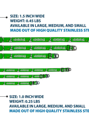 PEANUTS Title Logo Full Color Yellow/White Seatbelt Buckle Collar - Peanuts Snoopy and Woodstock Laughing HAHA Pose Green