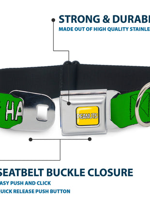 PEANUTS Title Logo Full Color Yellow/White Seatbelt Buckle Collar - Peanuts Snoopy and Woodstock Laughing HAHA Pose Green