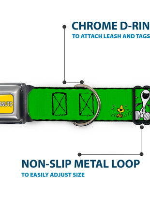 PEANUTS Title Logo Full Color Yellow/White Seatbelt Buckle Collar - Peanuts Snoopy and Woodstock Laughing HAHA Pose Green
