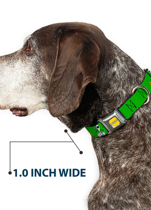 PEANUTS Title Logo Full Color Yellow/White Seatbelt Buckle Collar - Peanuts Snoopy and Woodstock Laughing HAHA Pose Green
