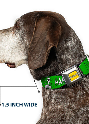 PEANUTS Title Logo Full Color Yellow/White Seatbelt Buckle Collar - Peanuts Snoopy and Woodstock Laughing HAHA Pose Green