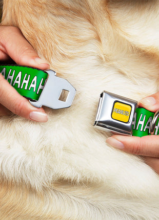 PEANUTS Title Logo Full Color Yellow/White Seatbelt Buckle Collar - Peanuts Snoopy and Woodstock Laughing HAHA Pose Green