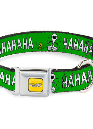 PEANUTS Title Logo Full Color Yellow/White Seatbelt Buckle Collar - Peanuts Snoopy and Woodstock Laughing HAHA Pose Green