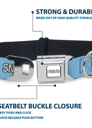 PEANUTS Title Logo Full Color Gray/White Seatbelt Buckle Collar - Peanuts Snoopy and Woodstock Dog House Pose and Text Sky Blue